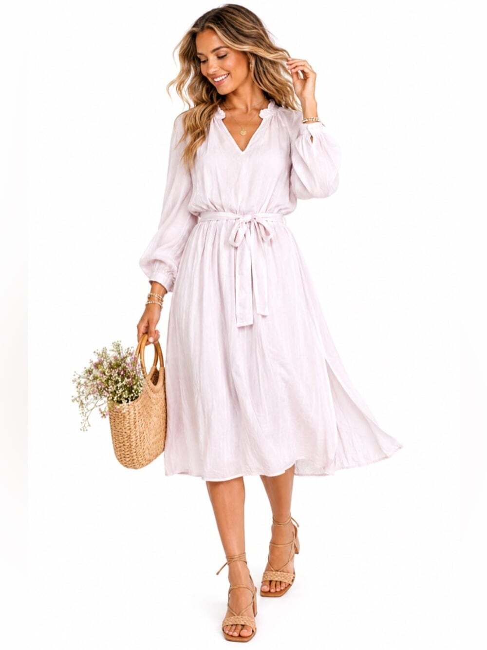 Anthropologie Cloth & Stone Women's Pastel Pink Boho 100% Tensel V-Neck Dress